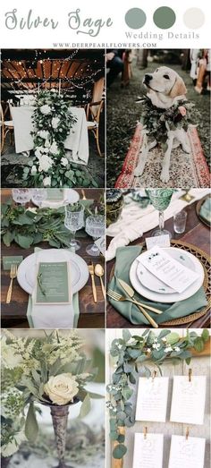 a collage of photos with flowers and greenery on them, including place settings