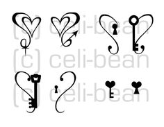 the silhouettes of keys and hearts are drawn in black ink