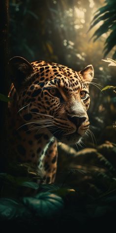 a close up of a leopard in the jungle