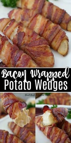 bacon wrapped potato wedges on a white plate