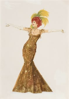 a drawing of a woman in a gold dress with her arms out and hands outstretched