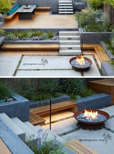 two pictures of a fire pit in the middle of a yard with stairs leading up to it