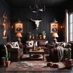 a living room with couches, chairs and paintings on the wall in it's dark wood paneling