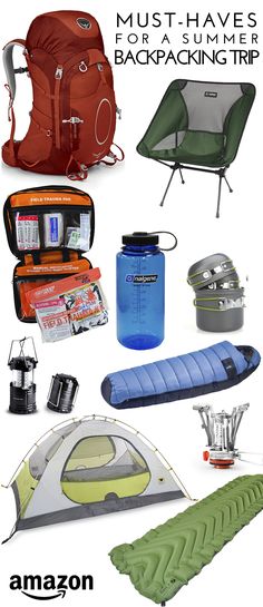 an image of camping equipment that includes backpacks and sleeping bags