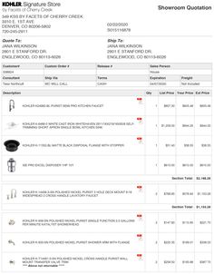 an invoice sheet for the showroom question, with information about each item