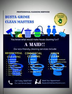 a flyer for a cleaning company with the words, busta - grime clean masters