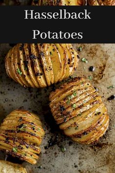 baked potatoes on a baking sheet with text overlay that reads hasselback potatoes