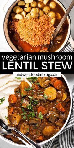 two bowls filled with lentil stew next to each other and the words vegetarian mushroom lentil stew