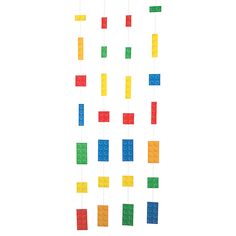 multicolored lego blocks hanging from string on white background