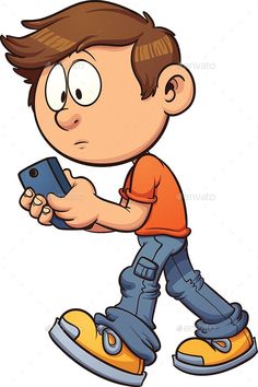 a cartoon boy walking while looking at his cell phone stock photo, images and illustrations