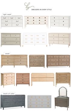 the dressers in every style are shown with different colors and sizes, including white