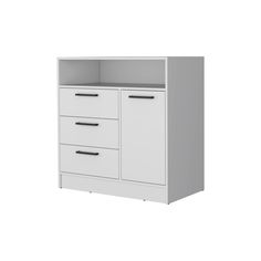 a white cabinet with three drawers and two doors