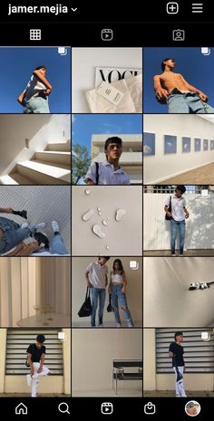 the collage shows several different people standing in front of stairs