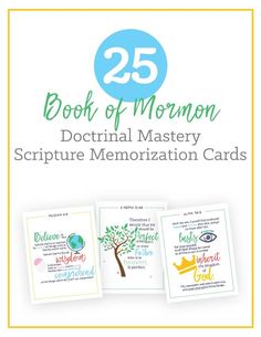 the 25 book of mormon is shown with three cards in front of it and an image of