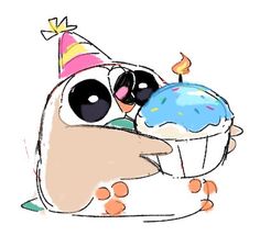 a cartoon penguin holding a cupcake with a candle on it