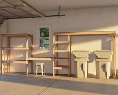 an empty room with shelves and stools in front of a window on the wall