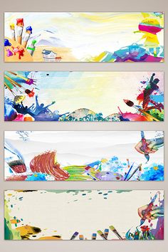 three abstract paintings with different colors and shapes