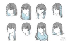 an anime character's hair styles for different ages and abilities, including long bangs