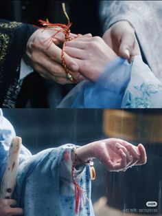 two pictures of hands with rings and bracelets, one holding the other's hand