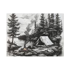 a black and white drawing of a campfire with a tent in the foreground