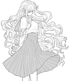 a drawing of a girl with long hair wearing a skirt and holding a handbag