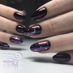 Black And Purple Celestial Nails, Purple Nails Witchy, Black Galaxy Nails Acrylic, Dark Purple Witchy Nails, Simple Space Nails, Glitter Nail Design Ideas, Short Goth Nails, Purple Witchy Nails, Witch Nails