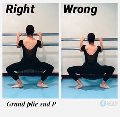 a woman doing squats with the words right and wrong above her head, in two separate images