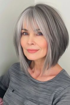 Gray Hair Bob Styles, Best Hair Color For Women Over 50, White Hair Older Women, Layered Bob Shoulder Length, Grey Hair Short, A Line Bob With Bangs, Grey Bob Hairstyles, Bob Hair Color, Grey Hair Transformation