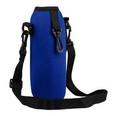 a blue water bottle with black straps on the bottom and shoulder strap attached to it