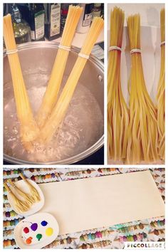 several pictures of pasta being cooked in a pan and then stirred with water to make noodles