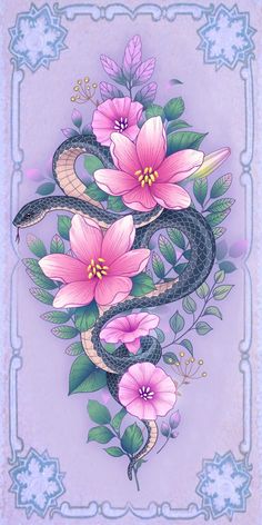 a snake and flowers on a purple background