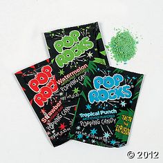 three bags of pop rocks with green sprinkles