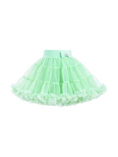 neon green tulle overlay bow detailing elasticated waistband tiered skirt flared ruffled trim Summer Tiered Tutu Dress With Tulle Skirt, Green Ruffled Dress With Skirt Shape, Green Skirted Party Dress, Green Skirted Dress For Party, Green Ruffled Skirt For Party, Spring Party Petticoat With Ruffles, Green Tulle Bottoms For Summer, Green Tiered Skirt For Party, Green Ruffled Skirt