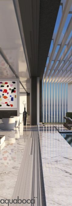 an artistic rendering of a modern house with pool and art work on the wall behind it