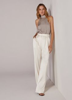 THE SATIN FAVORITE PANT Satin Trousers Outfit, Satin Pants Outfit, Wedding Outfits For Women, Trouser Outfit, Satin Bra, Satin Trousers, Satin Blazer, Ivory Fabric, Bow Top