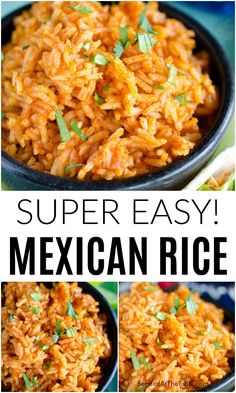 mexican rice in a black bowl with the words super easy mexican rice on top and below