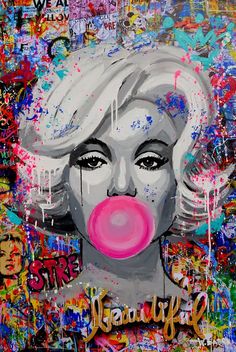 a painting of marilyn monroe with pink bubble gum