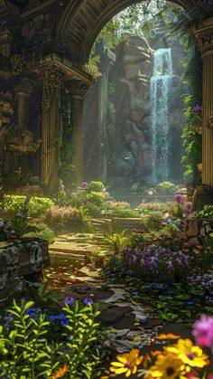 an image of a waterfall in the middle of flowers and plants with sunlight coming through