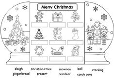 christmas worksheet for kids to practice their english and spanish language words in the snow globe