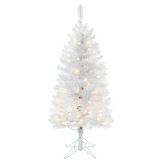 a white artificial christmas tree with lights on it's base and an upside down stand