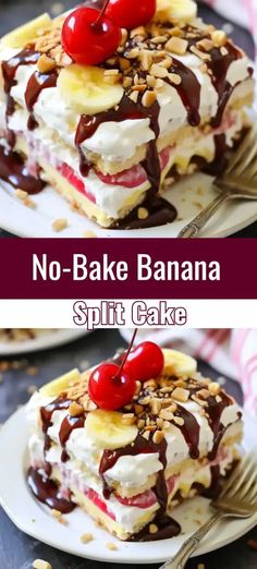 no bake banana split cake with chocolate sauce and cherries on top