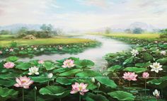 a painting of pink and white flowers in water lillies on a pond with green leaves