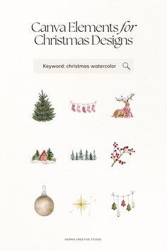 an image of christmas watercolors with the words, canvas elements for christmas designs