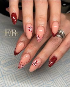 Candy Cane Nails Almond, Candy Cane Nails Christmas, Nail Ideas For Holiday, Christmas Candy Cane Nails, Christmas Nails Candy Cane, Candy Cane Nail Designs, Candy Cane Christmas Nails, Christmas Candy Nails, Candy Cane Nail Art