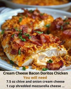 a white plate topped with chicken covered in bacon