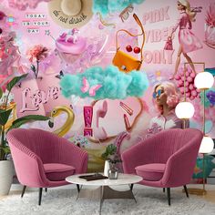 two pink chairs in front of a large wall mural