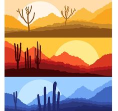 three different desert scenes with cactus trees and mountains in the background at sunset or dawn