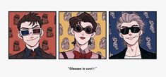 three cartoon characters with sunglasses on their faces