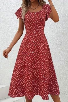 This casual mid-calf dress boasts a charming floral print, adorned with delicate button decor. Its ruffle sleeves add a touch of elegance, while the cinched waist enhances your figure. Perfect for a relaxed yet stylish look. Buttoned Beach Dress, Casual Dresses With Buttons, Non-stretch Knee-length Midi Dress With Buttons, Summer Ruched Button-up Dresses, Summer Button-up Ruched Dress, Frocks For Women Party, Mid Calf Dress, Button Decor, Frock For Women