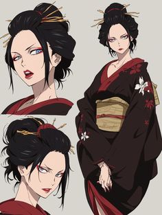 an anime character with black hair and blue eyes wearing a red kimono, holding her hands on her hips